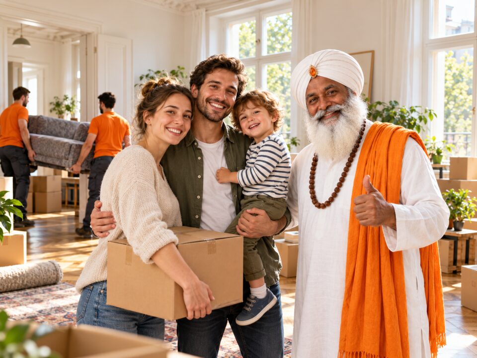 Privater Umzug – Familie mit Guru und Möbelträgern